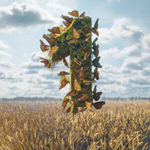 a number of butterflies on a pole in a field